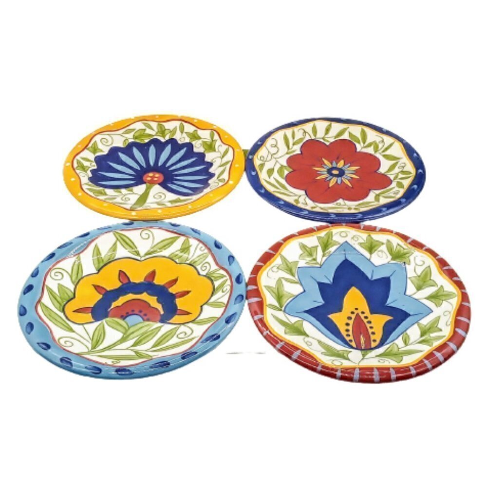 Pier 1 Hand-Painted Earthenware Floral 8 1/4" Salad Plates (4)